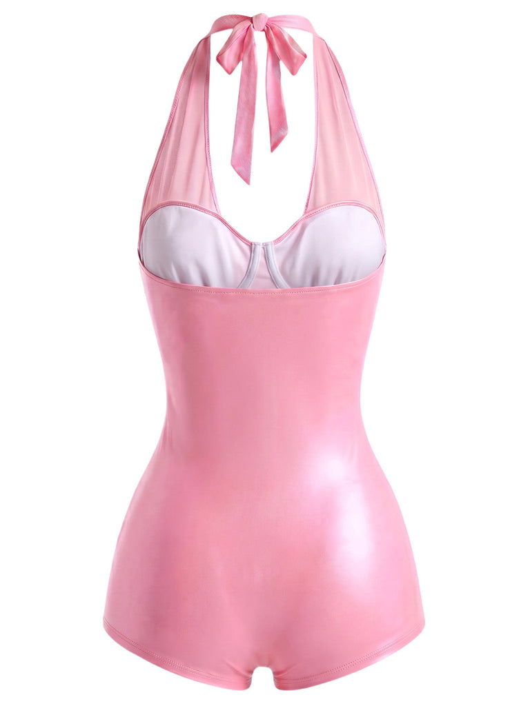 [Prevendita] Costume da Bagno Y2K Shiny in Rete Halter Patchwork - Rosa Pesca 4
