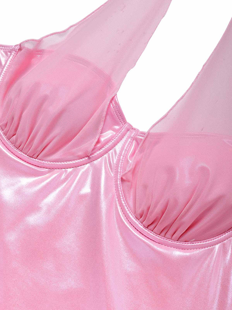 [Prevendita] Costume da Bagno Y2K Shiny in Rete Halter Patchwork - Rosa Pesca 5
