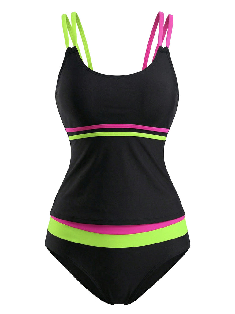 Set Tankini Nero Neon Colorblock con Doppia Spalline Anni '40 2