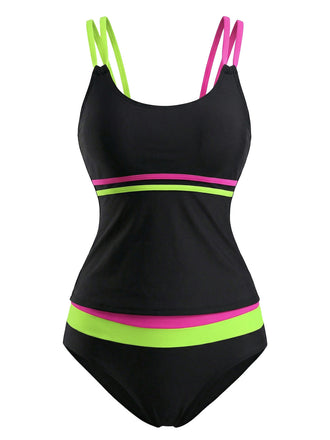 Set Tankini Nero Neon Colorblock con Doppia Spalline Anni '40 2
