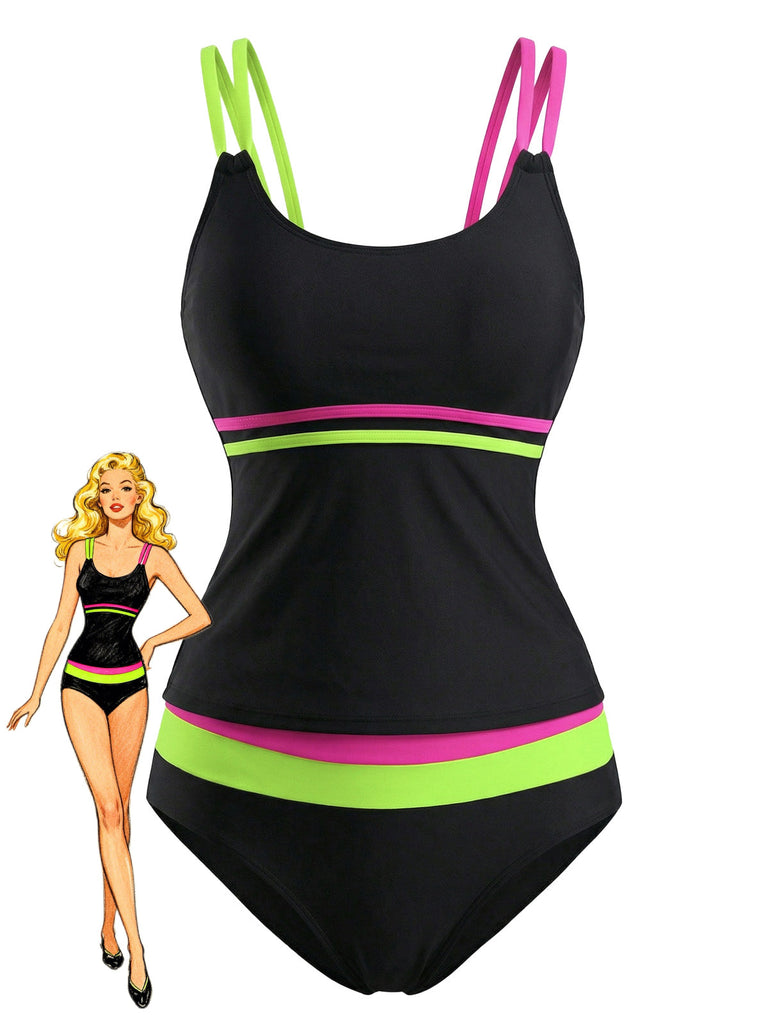 Set Tankini Nero Neon Colorblock con Doppia Spalline Anni '40