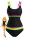 Set Tankini Nero Neon Colorblock con Doppia Spalline Anni '40