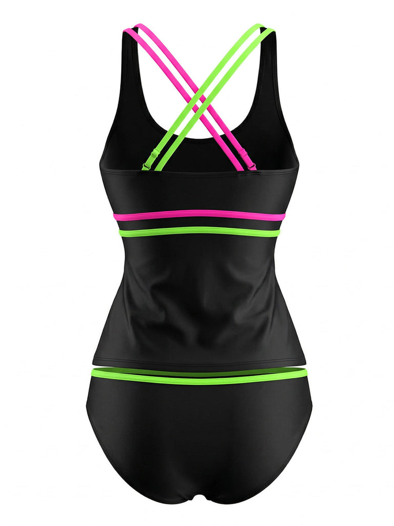 Set Tankini Nero Neon Colorblock con Doppia Spalline Anni '40 4