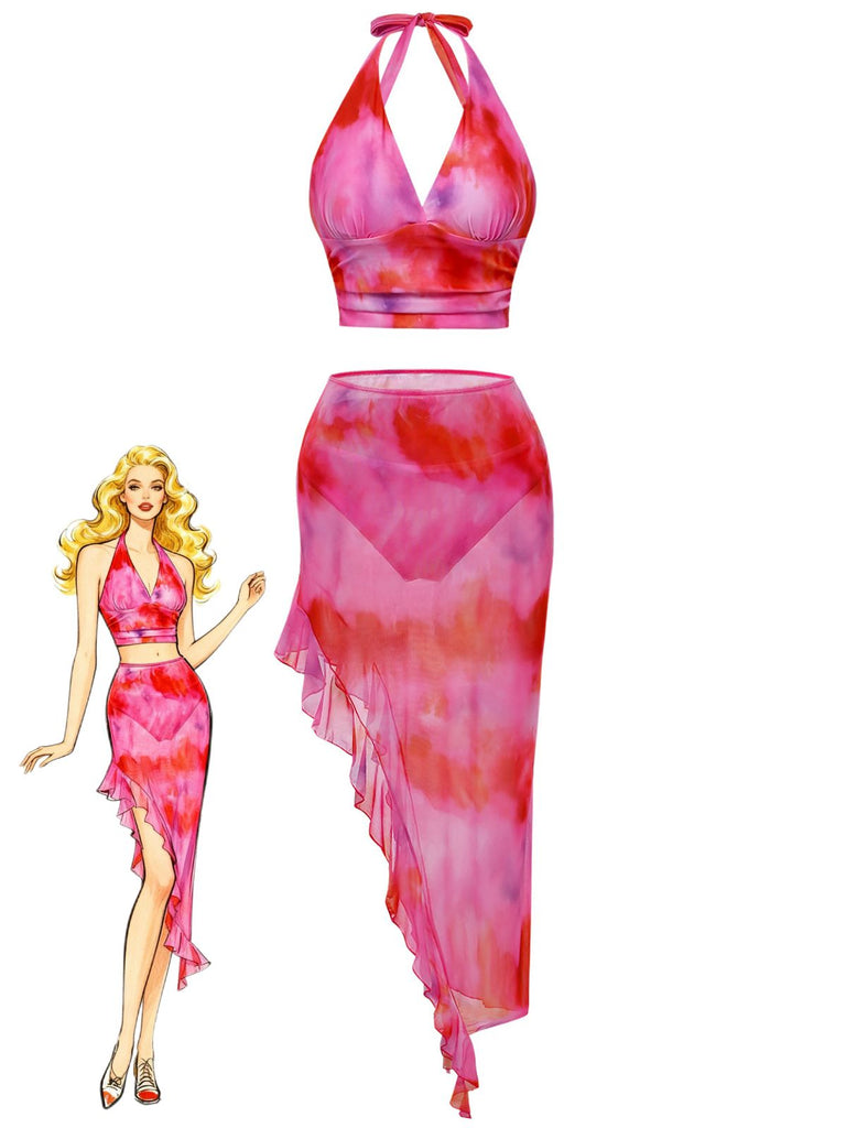 Gradient con Allacciatura al Collo Tankini Set & Asymmetric Cover-Up Rosa Anni '50