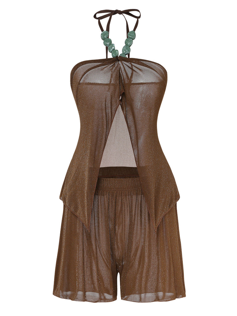 Brown 1940s Halter Solid Bikini & Cover Up Set 2