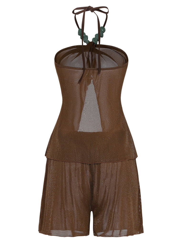 Brown 1940s Halter Solid Bikini & Cover Up Set 3