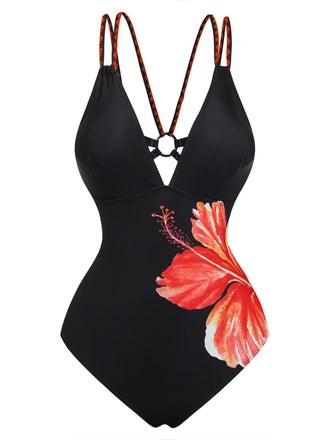 Black 1950s Floral Crochet One-Piece Swimsuit 2
