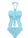 Sky Blue 1950s Halter Ruffle Bow Tankini Set 3
