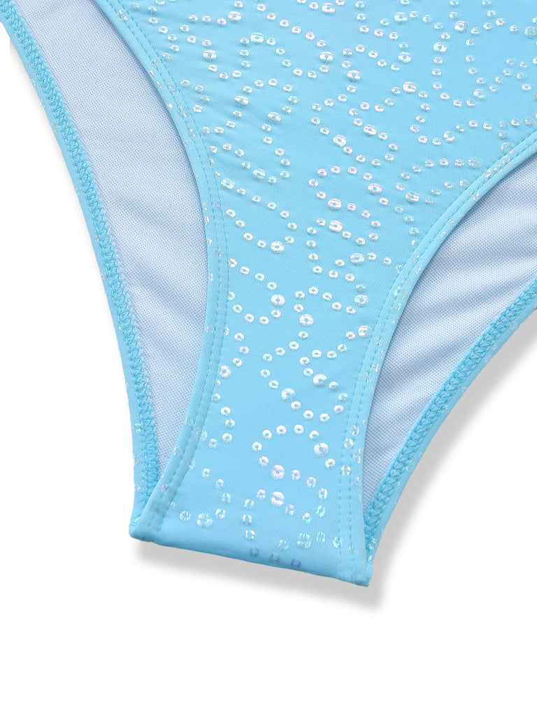 Sky Blue 1950s Halter Ruffle Bow Tankini Set 7