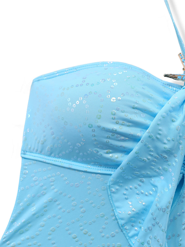 Sky Blue 1950s Halter Ruffle Bow Tankini Set 9