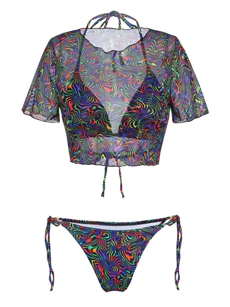 Costume da Bagno 2PCS Nero Camo & in Rete Crop Anni '60