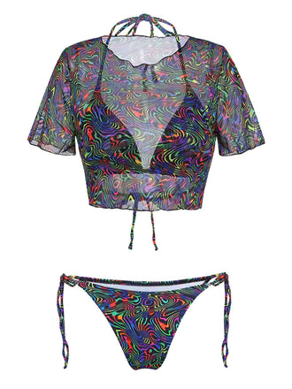 Costume da Bagno 2PCS Nero Camo & in Rete Crop Anni '60