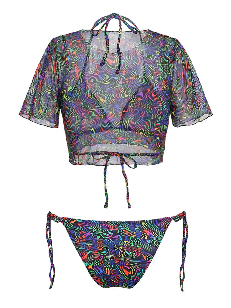 Costume da Bagno 2PCS Nero Camo & in Rete Crop Anni '60 2