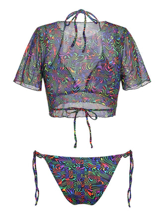 Costume da Bagno 2PCS Nero Camo & in Rete Crop Anni '60 2