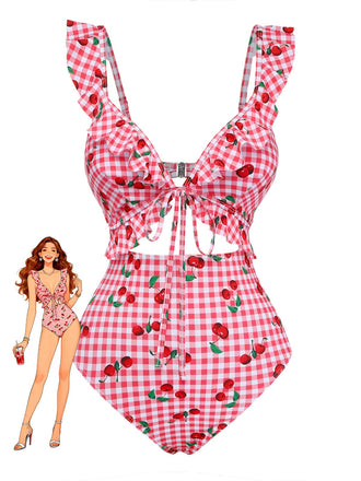 Quadri Cherry con Volant con Scollo Cuore Neck Costume Intero Rosso Anni '50