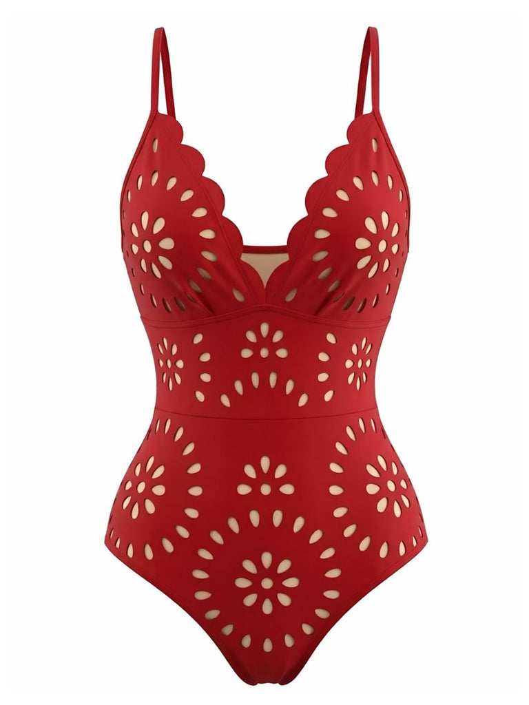 Costume da Bagno Rosso Tinta Unita Burnout Petal con Colletto Anni '50 2