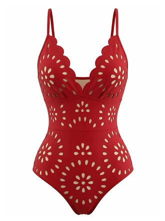 Costume da Bagno Rosso Tinta Unita Burnout Petal con Colletto Anni '50 2
