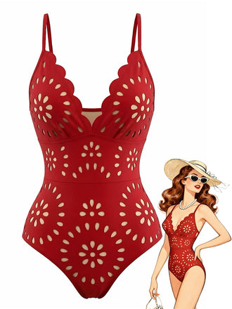 Costume da Bagno Rosso Tinta Unita Burnout Petal con Colletto Anni '50