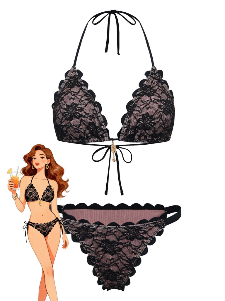 Bikini Set con Allacciatura al Collo in Pizzo e Schiena Scoperta Nero Anni '40