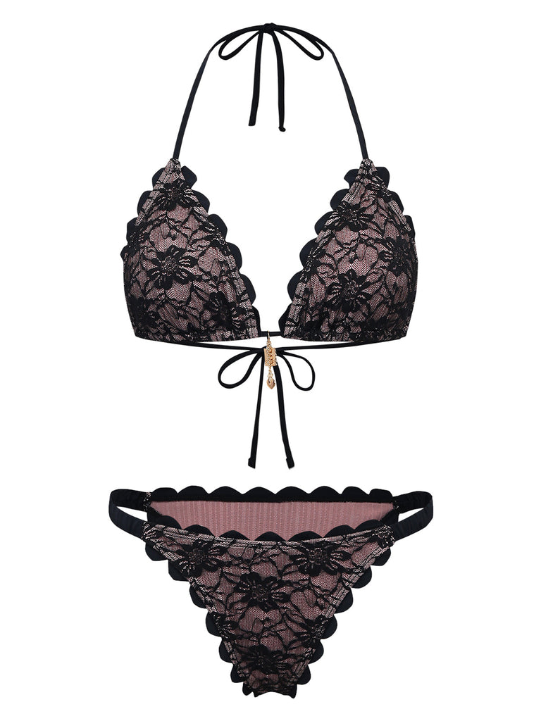Bikini Set con Allacciatura al Collo in Pizzo e Schiena Scoperta Nero Anni '40 2