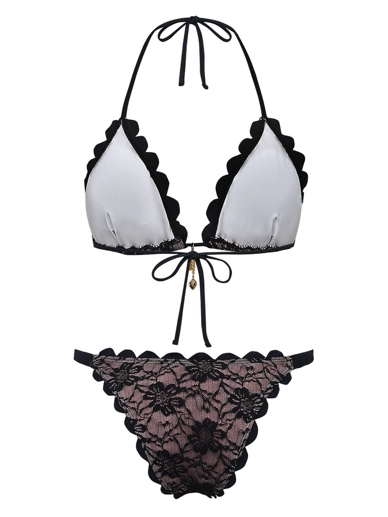 Bikini Set con Allacciatura al Collo in Pizzo e Schiena Scoperta Nero Anni '40 3