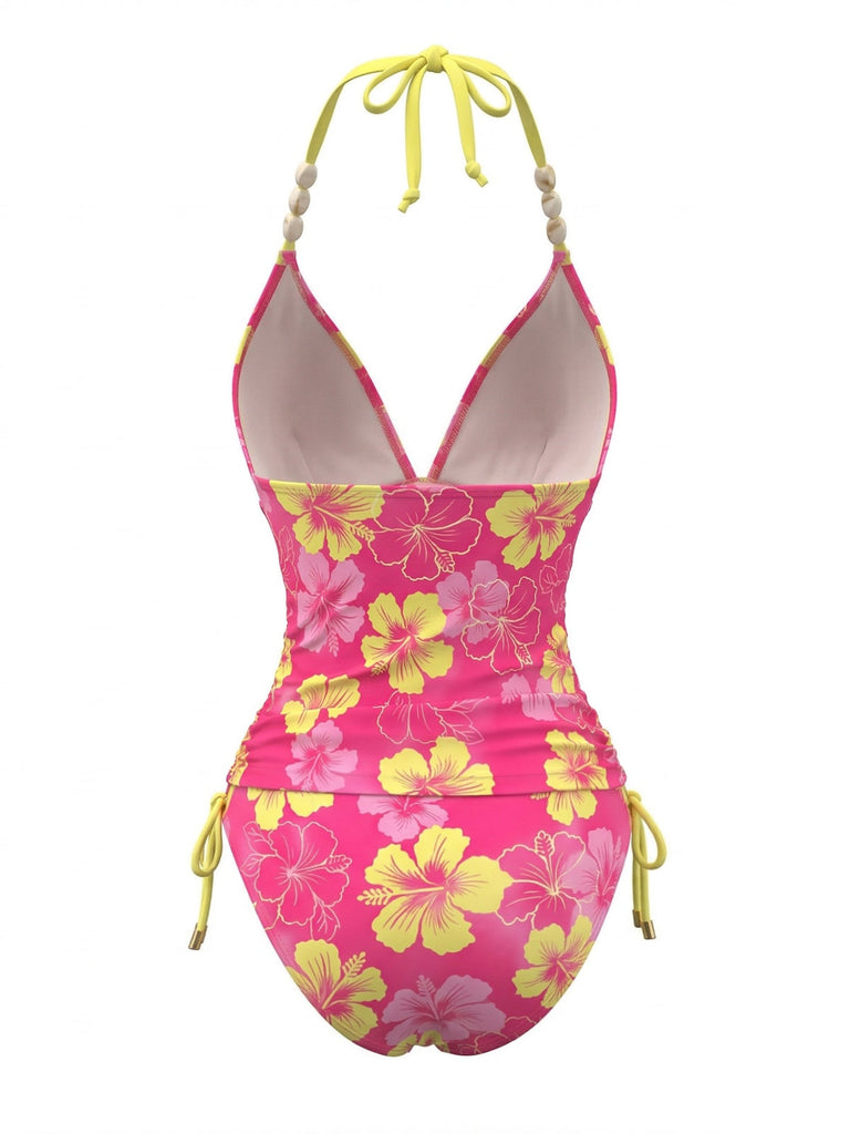 Set Bikini Halter a Fiori con Spalline di Perline Anni '80