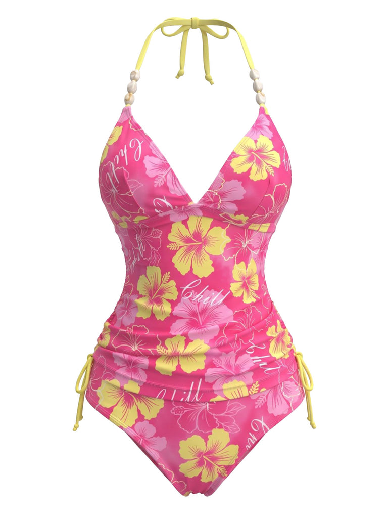 Set Bikini Rosa Anni '80 Floreale con Spalline di Perline e Scollo All'americana