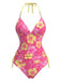 Set Bikini Rosa Anni '80 Floreale con Spalline di Perline e Scollo All'americana