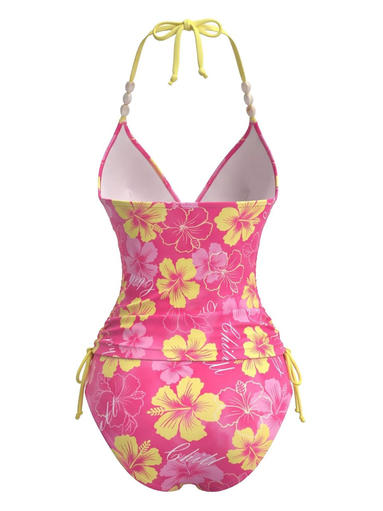 Set Bikini Rosa Anni '80 Floreale con Spalline di Perline e Scollo All'americana