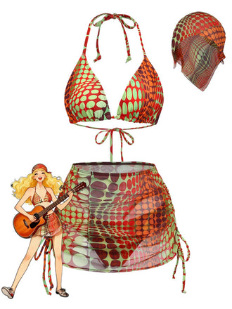 Set Bikini Arancione Psychedelic a Pois in Rete Anni '60