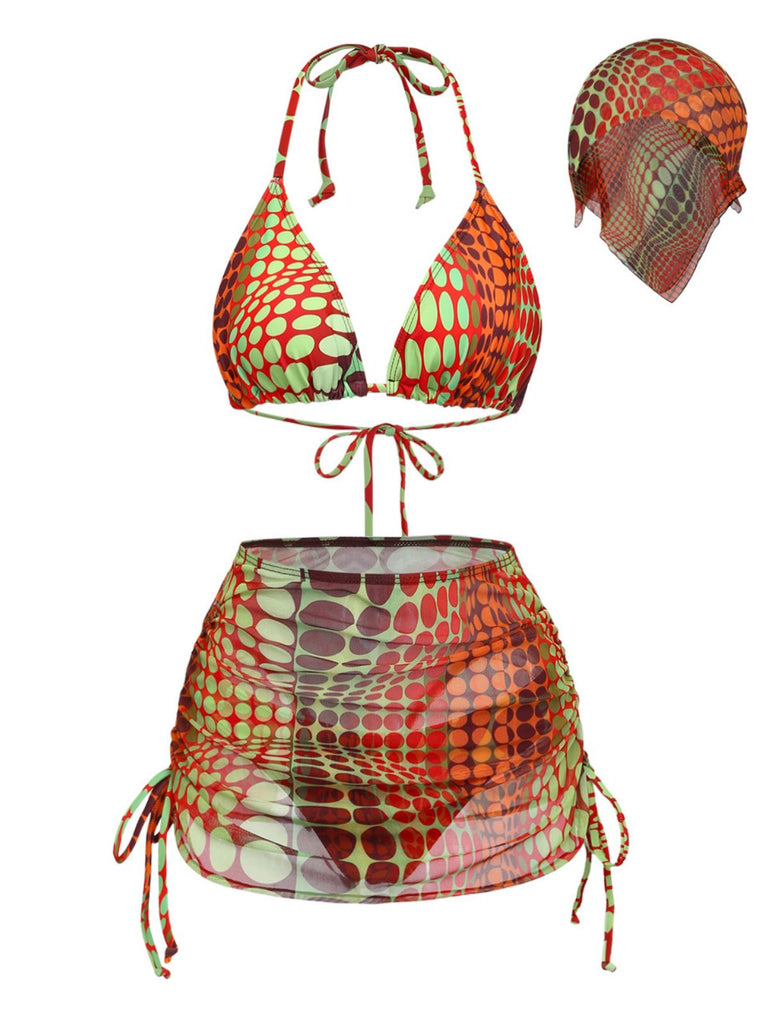 Set Bikini Arancione Psychedelic a Pois in Rete Anni '60 2