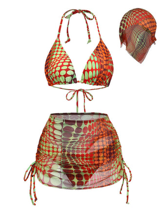 Set Bikini Arancione Psychedelic a Pois in Rete Anni '60 2