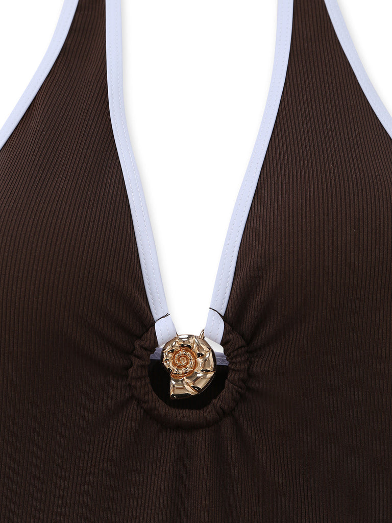 Set Tankini Caffè Halter con Coulisse e Arricciatura Anni '50 3