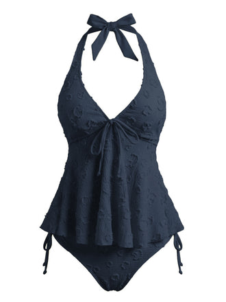 Set Tankini Blu Scuro Anni '50 Testurizzato Floreale Con Scollo All'americana