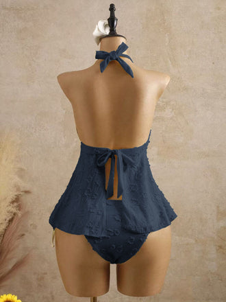 Set Tankini Blu Scuro Anni '50 Testurizzato Floreale Con Scollo All'americana