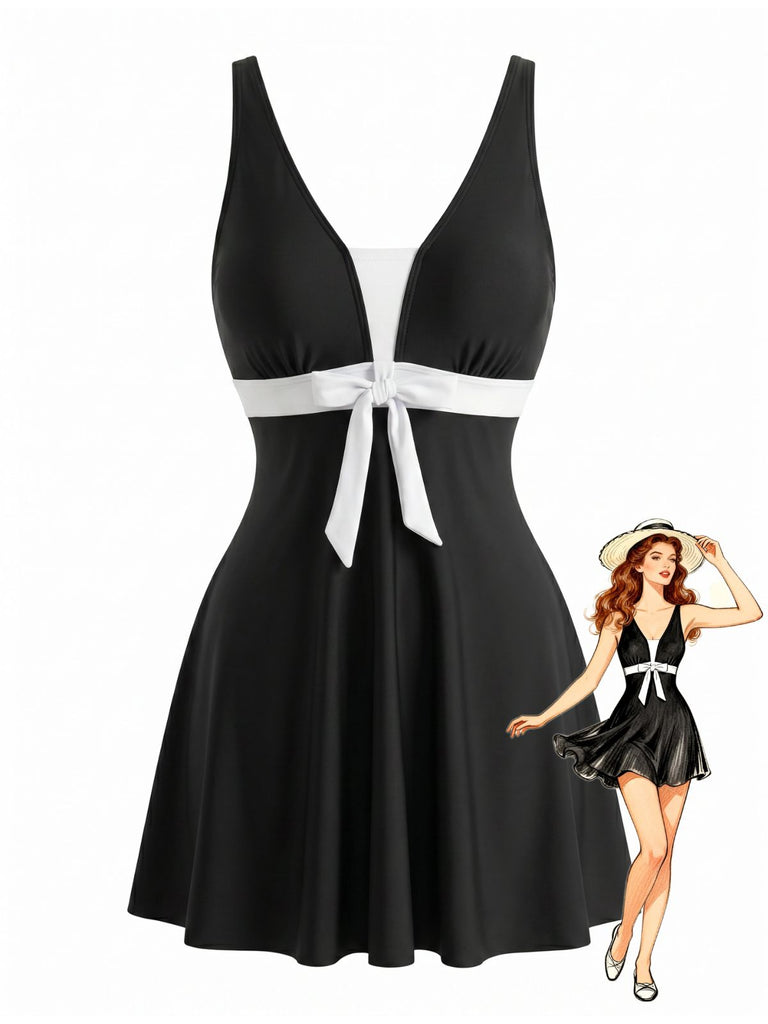 Set Tankini Bianco e Nero Colorblock con Fiocco Anni '50