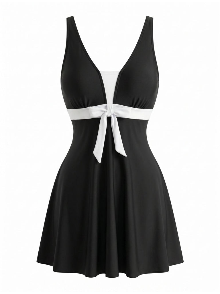 Set Tankini Bianco e Nero Colorblock con Fiocco Anni '50 2