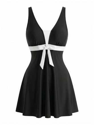 Set Tankini Bianco e Nero Colorblock con Fiocco Anni '50 2