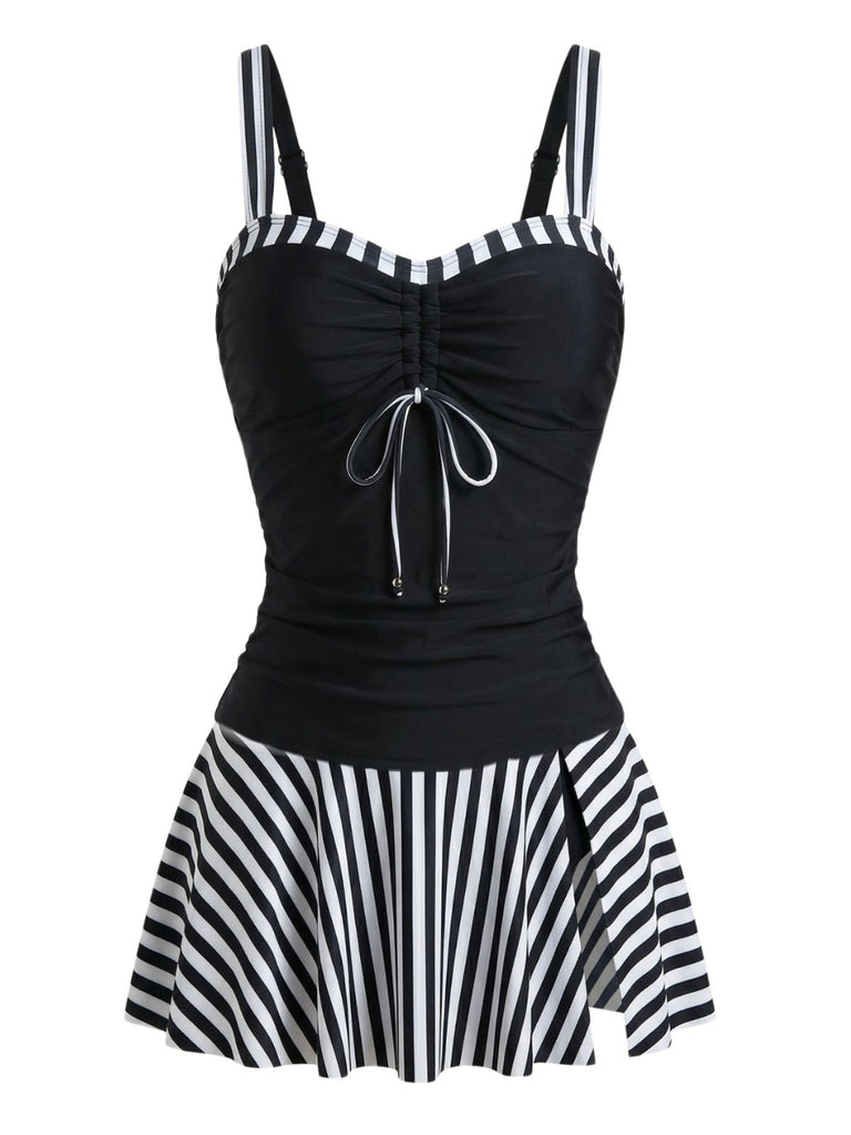 Set Tankini Nero a Righe Color Block con Arricciatura Anni '50 3