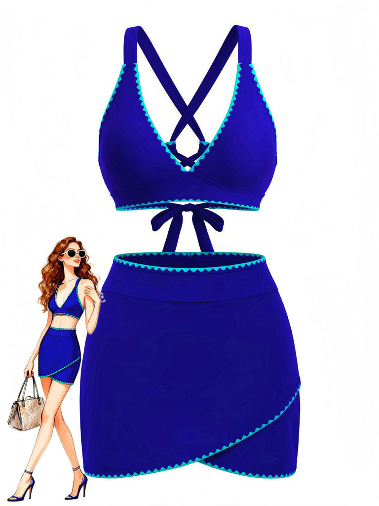 2PCS Set Bikini Blu con Bordo a Contrasto e Copricostume Anni '50