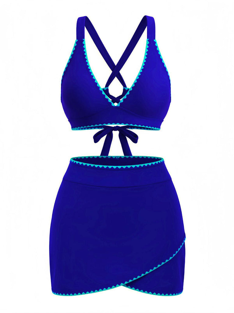 2PCS Set Bikini Blu con Bordo a Contrasto e Copricostume Anni '50 2