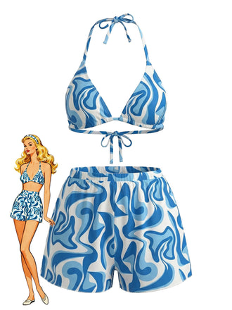 Abstract Printed con Allacciatura al Collo Set Bikini & Cover-Up Anni '40