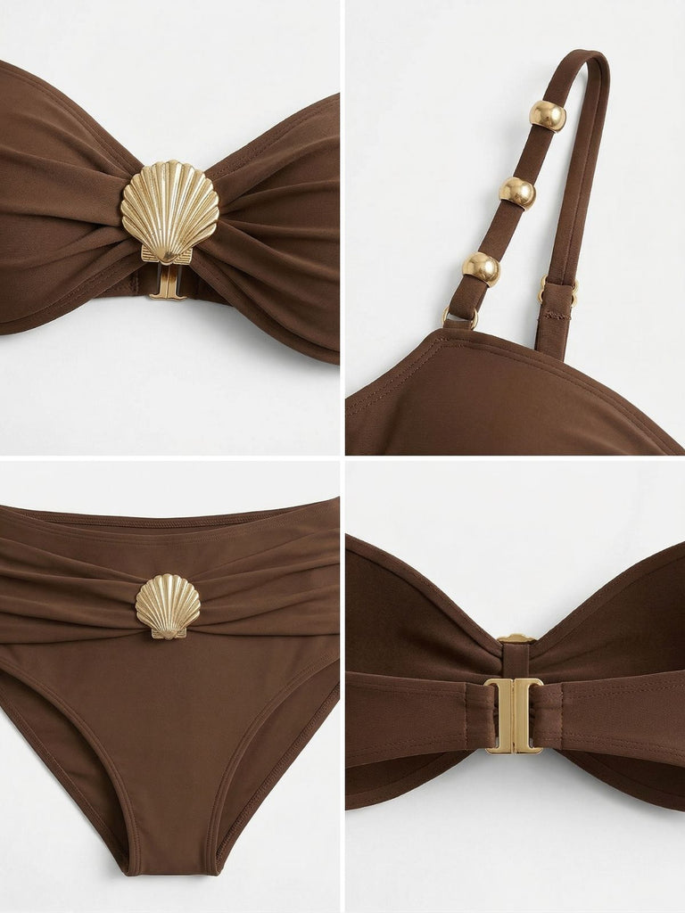 Set Bikini Marrone Arricciato con Decorazione Conchiglia in Metallo Anni '70 4