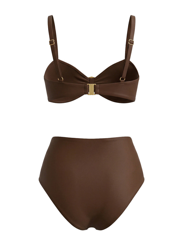 Set Bikini Marrone Arricciato con Decorazione Conchiglia in Metallo Anni '70 3