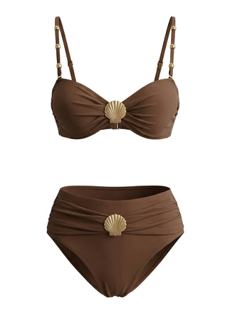 Set Bikini Marrone Arricciato con Decorazione Conchiglia in Metallo Anni '70 2