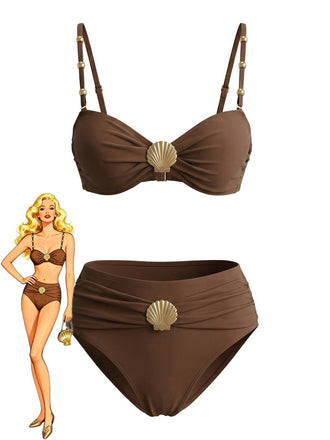 Set Bikini Marrone Arricciato con Decorazione Conchiglia in Metallo Anni '70