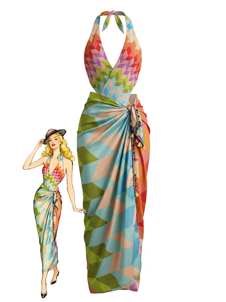 Costume da Bagno 2PCS Multicolore Geometrico Halter Bohemien Anni '70