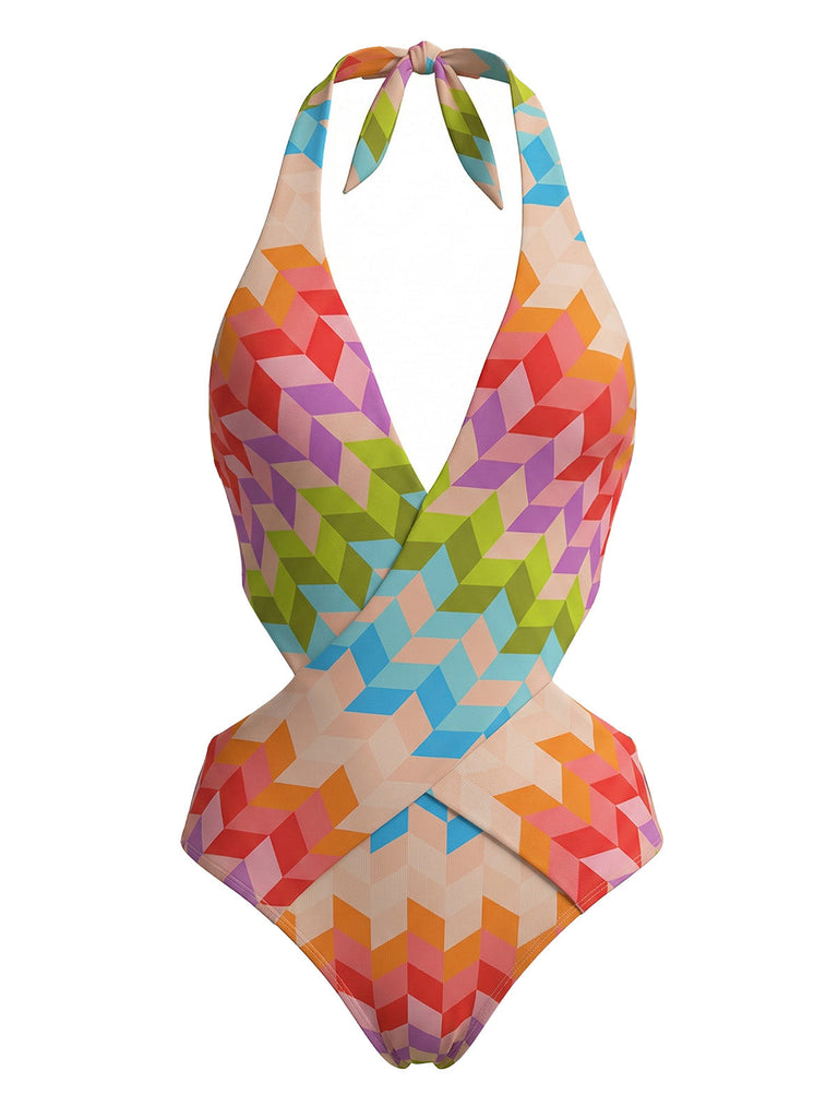 Costume da Bagno 2PCS Multicolore Geometrico Halter Bohemien Anni '70 3