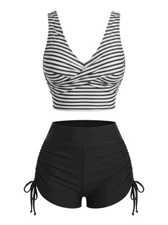 Righe Cross Drawstring Tankini Set Anni '50