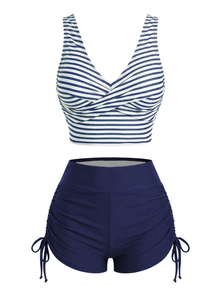 Set Tankini Marrone Anni '50 a Righe con Incrocio e Coulisse